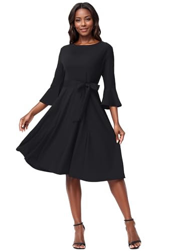 Image of Hostoyo Church Dress for Women Wedding Guest Cocktail Party Dresses Evening Prom Formal Modest Gowns Crew Neck Bell Sleeve