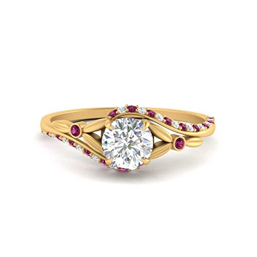 Image of 55Carat Choose Your Gemstone Floral Accent Swirl Diamond CZ Ring Yellow Gold Plated Round Shape Halo Engagement Rings Everyday Jewelry Wedding Jewelry Handmade Gifts for Wife US Size 4 to 12