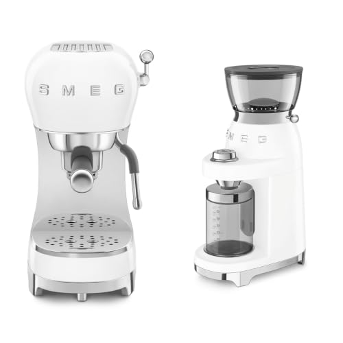 Image of Smeg 50s Style Espresso Coffee Machine and 50's Style Electric Coffee Grinder White ECF02WHUK / CGF03WHUK