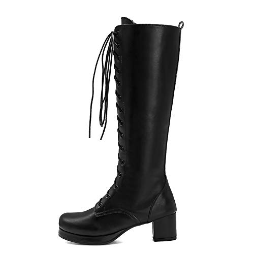 Women Fashion Chunky High Heels Lace Up Mid Calf Boots Side Zipper Platform Round Toe Knee High Boots Cosplay Lolita Princess Shoes2