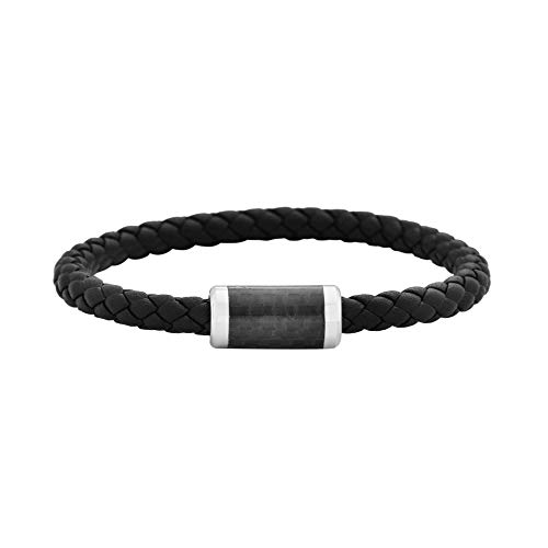 Geoffrey Beene Men's Braided Genuine Leather and Stainless Steel Bracelet with Carbon Fiber Magnetic Closure Accent, Black/Silver