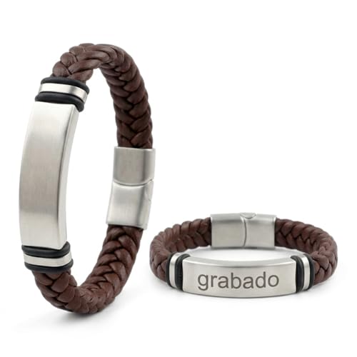 Pulsera Piel Trenzada Personalizable Hombre Grabado Personalizado Nombre Fecha Ajustable Cierre Seguro Acero Inoxidable Diseño Elegante Regalo Original Pareja Amistad Cumpleaños Navidad (marron)