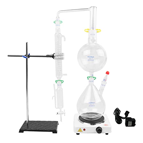AnEssOil 2L Essential Oil Distillation Kit Apparatus Extractor Steam Distillation Chemistry Lab Glassware Equipment Water Distiller Purifier with Hot Stove Graham Condenser 24/40 Ground Joint