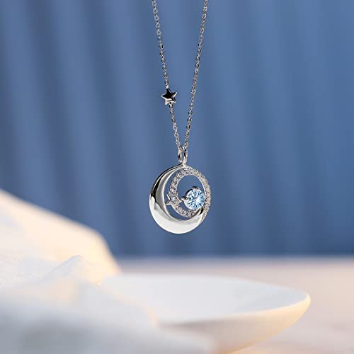 925 Sterling Silver March Birthstone Moon Star Pendant Necklaces Created Blue Aquamarine Necklace Fine Jewelry Birthday Anniversary Christmas Gifts For Women Girls Mom Daughter, Adjustable Chain 16+2" #TOP2