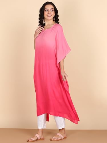 Image of Maaesa Women Pink Handcrafted Tie & Dye Rayon Crepe Kaftan Dress | Casual Wear | Flowy Kaftan Style | Lightweight & Breathable Fabric