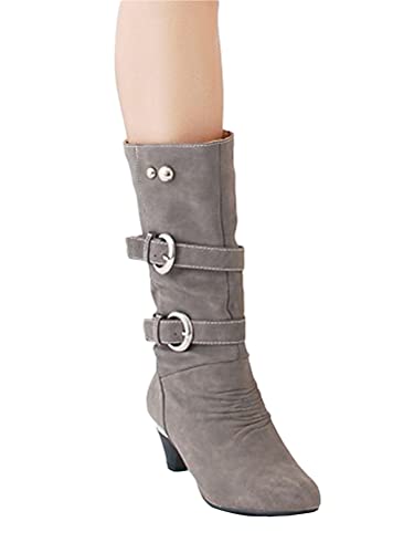 ShallGood Damen Elegant Stiefel Winterstiefel Mittlerer Absatz mit Schnalle Blockabsatz Schuhe Schenkelhoch Outdoor Stiefel Z1 Grau 41 EU Cover