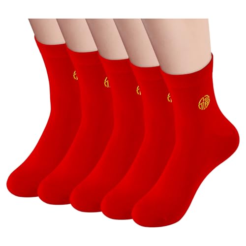 Men's Red Socks Crew Sports Casual Comfortable Calf Socks, Chinese New Year Socks,Size 6-10, Embroidery 福(Fu)
