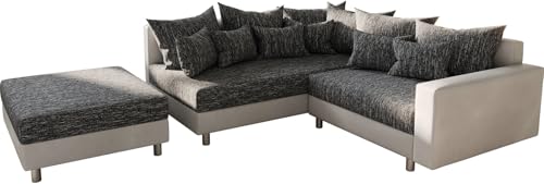 DeLife Canapé-d'angle Clovis Blanc Noir avec accoudoir et Tabouret Pouf Gauche Canapé modulaire