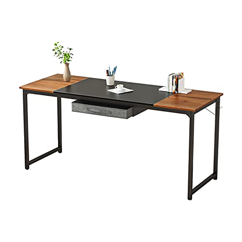 CubiCubi Computer Desk with Drawer 63 Study Writing Table for Home Office, Modern Simple Style PC Desk with Splice Board, Black Metal Frame, Black and Espresso