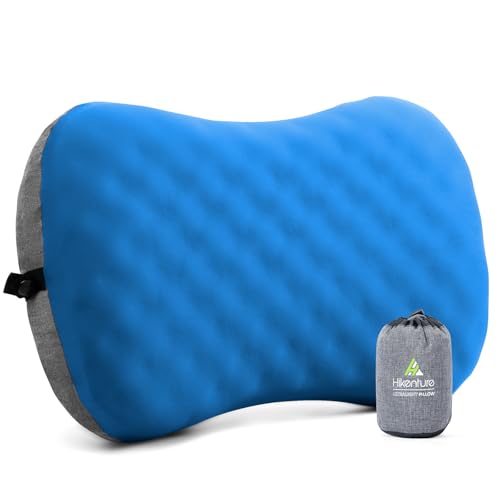 HIKENTURE Cojín hinchable con funda de almohada extraíble, cojín cervical inflable con espuma, almohada de camping, cojín de viaje, almohada de viaje inflable para exteriores, azul A1