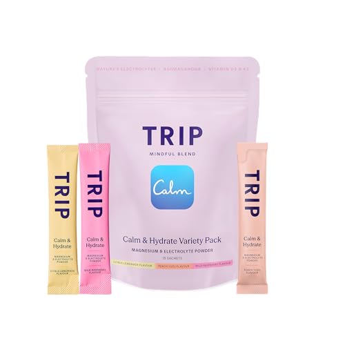 Trip Calm & Hydrate Electrolyte + Magnesium Powder Variety Pack | Hydration Drink Mix with Coconut Water Electrolytes Ashwagandha & Vitamins D3 + K2 | Low Sugar + Vegan | 15 Sachets