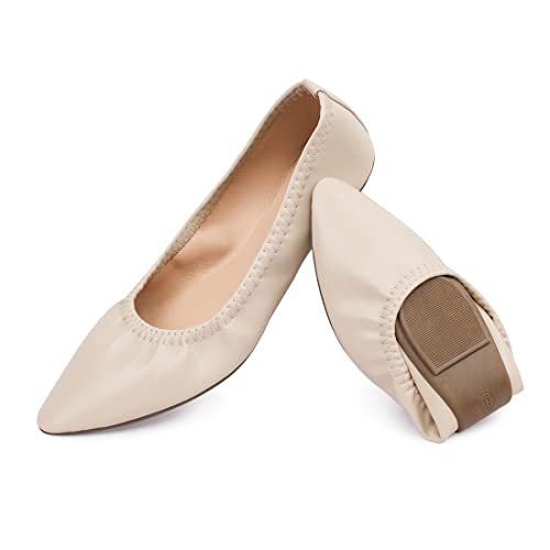 Women's Ballet Flat Slip On Casual Dress Shoes Foldable Portable Travel Walking Shoes (9, Beige)