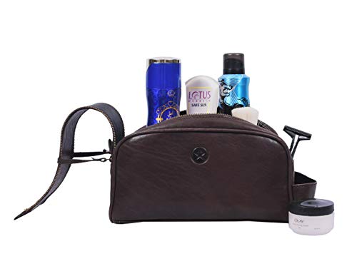 10" Premium Leather Toiletry Travel Pouch With Waterproof Lining | King-Size Handcrafted Vintage Dopp Kit By Aaron Leather Goods (Hickory) - Thumbnail 6