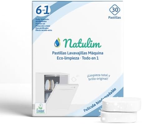 Natulim Dishwasher Tablets 30 Uses – Biodegradable and Water Soluble 6 in 1 – Deep Cleaning, Brightening, Salt Function, Glass Protection, Descaler, Extra Drying Effect