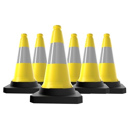 Berry 50CM Traffic Cone - Yellow | High Visibility Safety Cone with Black Base | Wind Resistant Reflective Traffic Cone | 20Inch PE Portable Road Cone for Street, Driveway & Parking Safety - 6 Cones