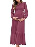 AISWI Women's Maternity Maxi Dress with Belt Long Sleeve Crew Neck Pregnancy Dresses with Pockets Baby Shower Photoshoot, Plum Pink, Medium