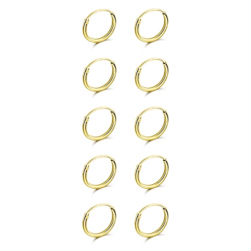 Gold Hoops Earrings for Women Yellow Flashed Sterling Silver Cartilage Hoop Earring for Men Unisex Fashion Piercings Trendy Gift, Set of 5 Pairs