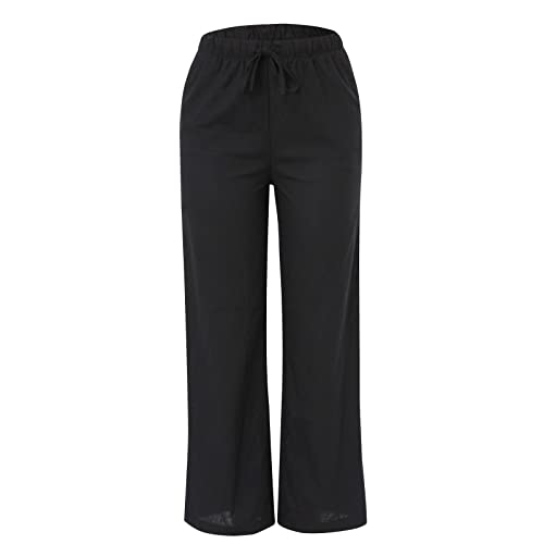 generic Women's Linen Summer Palazzo Pants Flowy Cotton Drawstring Trousers Vacation Wide Leg Beach Pants with Pockets4