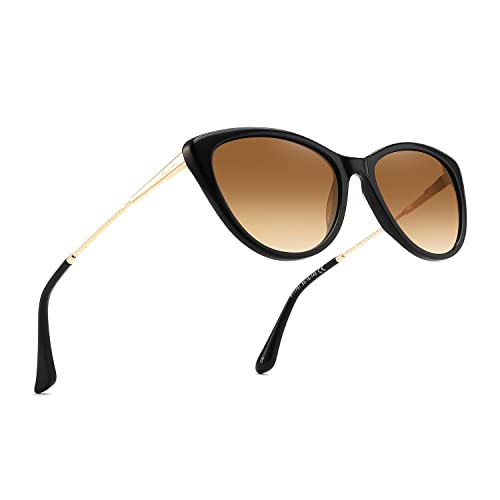 PUKCLAR Gafas de sol de nailon para mujer, estilo clásico ojo de gato, para mujer, con protección UV400, vacaciones al aire libre, Marco negro/patillas doradas/lentes marrones progresivos Cover