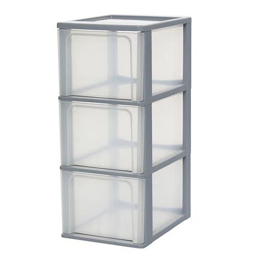 Iris Ohyama, Kunststoff Schubladenbox mit 3 tiefen Schubladen, Grau, Easy-Pull-System, A4, A5 & A6 Format, Schreibtisch Organizer für Büro, Schule, Schreibwaren, BPA-frei, Schubladenschrank, OCH-2300