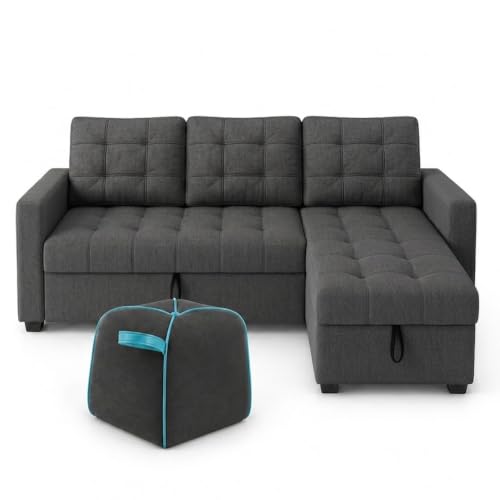 Image of CASASTYLE Sumur 5 Seater RHS L Shape Sofa with Pull Out Bed, Storage Lounger & Suri Pouf Ottoman | Soft Velvet Suede Fabric | Comfort Cushions | Ideal for Living Room, Hotel & Office (Dark Grey)
