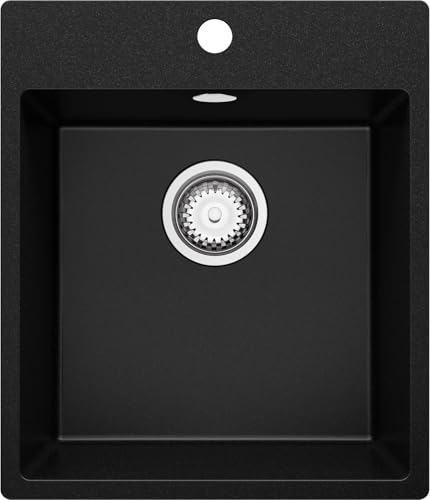 PRIMAGRAN Evier Cuisine en Granit Noir 43x50cm, Lavabo 1 bac + Kit de Vidage, Évier à Encastrer al mueble 45cm - Riga S125