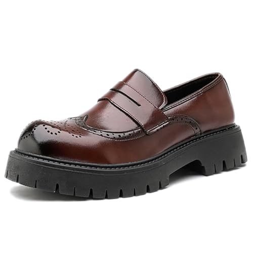 Men's Leather Wingtip Wide Round Toe Platform Loafers Classic Slip On Comfortable Anti-Slip Lug Sole Brogue Penny Loafers for Wedding Business Formal Prom