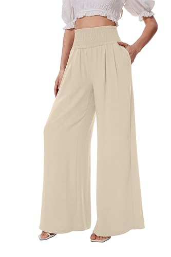 FUNYYZO Women Pull On Pants Elastic Waisted Casual Wide Leg Long Lounge Trousers with Pocket Beach Wear