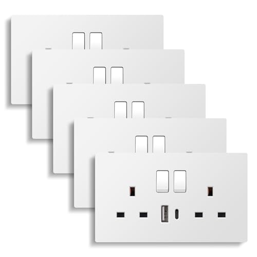 Image of CNBINGO Double Switched Socket with 20W PD USB C and A Fast Charging Ports, Electric Power Sockets 2 Gang 13 Amp, Wall Outlet White PC Panel, 5 Pack