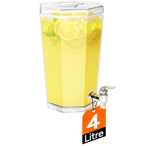 Lifewit 4L Drinks Dispenser with Tap Juice Jar Containers with Lid for Party Fridge BPA Free Plastic Ice Beverage for Cocktail Lemonade Soda Tea Water 27 x 16 cm/10x6