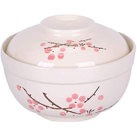 WHJY Japanese Creative Hand-painted Ceramic Tableware with Lid for Soup and Noodles, with Heat Preservation Function, Integrated Bowl and Lid (Red plum) Cover