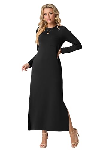 GRECERELLE 2025 Women Spring Fall Casual Round Neck Long Sleeve Loose Split Wrinkle-Free Long Maxi Dress with Pockets4