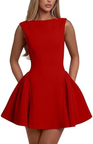 YMDUCH Women's Summer Sleeveless Crew Neck Backless A-line Mini P...
