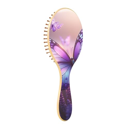 パープルバタフライラベンダー木製ヘアブラシ もつれをほどく木製パドルコーム 痛みのないコーム 男性、女性、男の子、女の子用