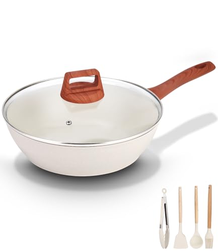 Kixolo Keramikpfanne Bratpfanne 28 cm, Pfanne mit Deckel und 4 Pcs Geschirr, Hoher Rand, keramik Antihaftbeschichtung, Schmorpfannen, PFOS/PFOA-frei, Antihaft Wokpfanne für alle Herdarten