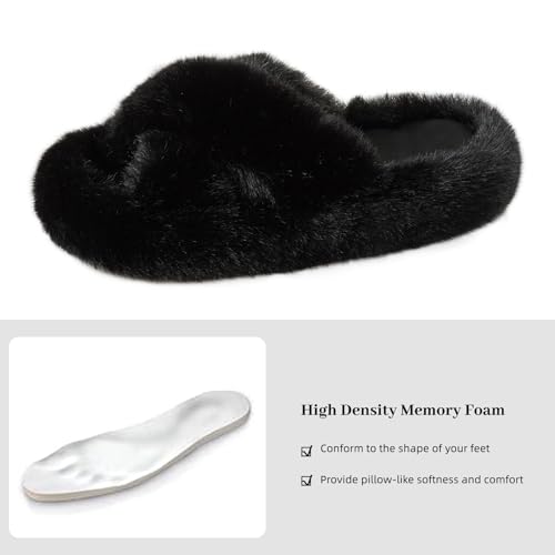 Image of Women's Slippers, Black Cross, Size 8-9, Memory Foam, Faux Fur, Flat Heel, New Year, Solid, Plush, Round Toe