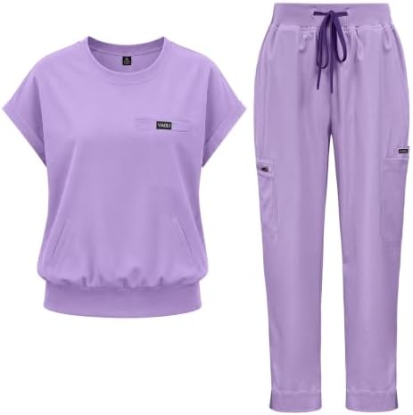 VIAOLI Medical Scrubs for Women Set, Soft 4-Way Nursing Uniform,Crew Neck Scrub Top with Multi-Pocket Straight-Leg Pants (Lavender,M)