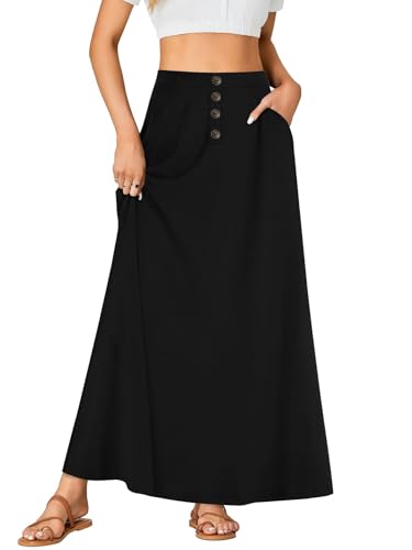Rooscier Women's High Waist Button Front A-Line Long Maxi Skirt with Pockets3