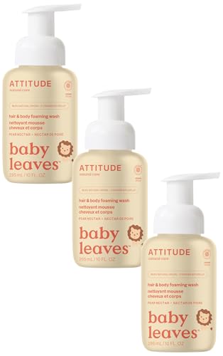 Image of ATTITUDE 2-in-1 Hair and Body Foaming Wash for Baby, EWG Verified, Dermatologically Tested, Made with Naturally Derived Ingredients, Vegan, Pear Nectar, 10 Fl Oz (Pack of 3)
