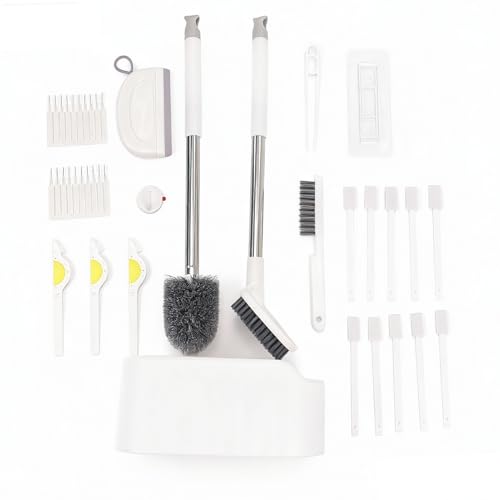 Toilet Brush Set for Deep Cleaning, Included 4pcs Toilet Brushes Set with Holder, Toilet Nozzle, Toilet Lid Crevice and Mini Showerad Cleaning Brush, and Bathroom Mirror Scraper with Hook, White