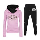 QJDFLL Damen Fleece Joggingset mit NY Print, langärmeliges Sweatshirt Hose, Sport Outfit(Rosa,XXL)