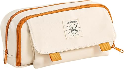 Image of Canvas School Bag Pencil Case, 3 Layer 6 Compartment Large Capacity, Aesthetic Pencil Pouch for Stationary, Cute Stationery for Kids, Pencil Case for Girls & Boys (Cream Pouch)