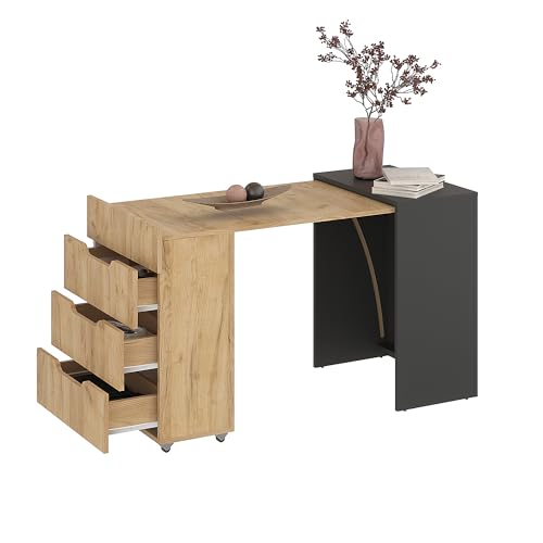 Komto Bureau Pliable Anthracite/Chêne avec 3 Tiroirs – Table Informatique PC, Meuble de Travail Gain de Place pour Petit Espace | FOLDY 128 x 60 x 75 cm