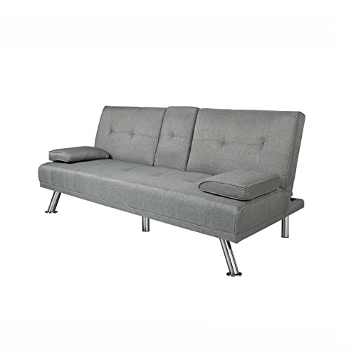 Eafurn Sleeper Futon Sofa Bed With 2 Cup Holders, Upholstered Convertible Couch With Armrests, Fabric Loveseat Folding Daybed For Living Room, Bedroom, Tufted Sofa & Couches, Light Grey #TOP2