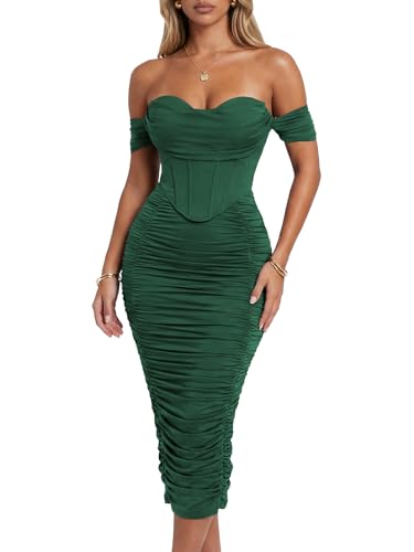 CurvySweet Women's Off The Shoulder Midi Dress Built-in Bra Ruched