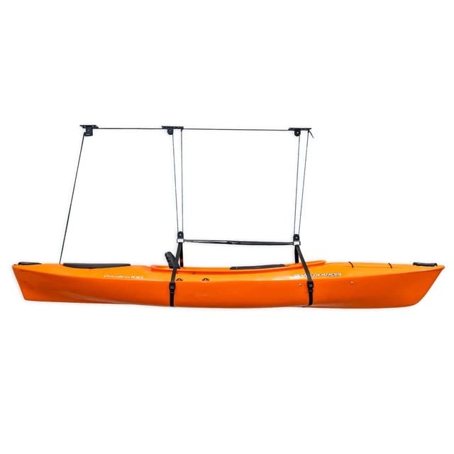 Image of Teal Triangle Pulley Hoist for Kayaks, Canoes, and Paddleboards - Heavy Duty Garage Storage Lift - Kayak Hanger Holds 150 lbs and Fits 10-14 ft Tall Garage Ceilings