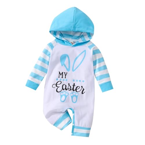 Mameluco de Pascua con capucha y cuello redondo para niños y niñas, manga larga, estampado de dibujos animados, ropa de una sola pieza para primavera y verano, azul, 9-12 meses