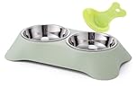 Double Dog Bowl,Non Slip Non-spill Stainless Steel Double Bowl with 1 Pet Food Spoop For Small Dogs and Cats (S, Green)