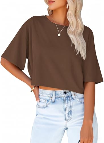 Ziztrends Women's Crop Tops Trendy 2026 Half Sleeve Crewneck Cropped Tee Shirts Summer Workout Tops Brown