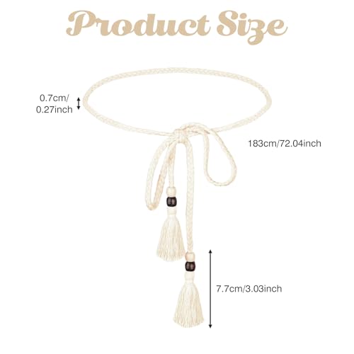 Gürtel Geflochten Damen,150cm Gürtel für Kleid,Quaste Baumwollkordel Geknoteter Taillengürtel Weiß,Boho Taillengürtel,Seilkette Dünner Bindegürtel für Röcke T-Shirts Hemden,Mode Rockgürte für Damen